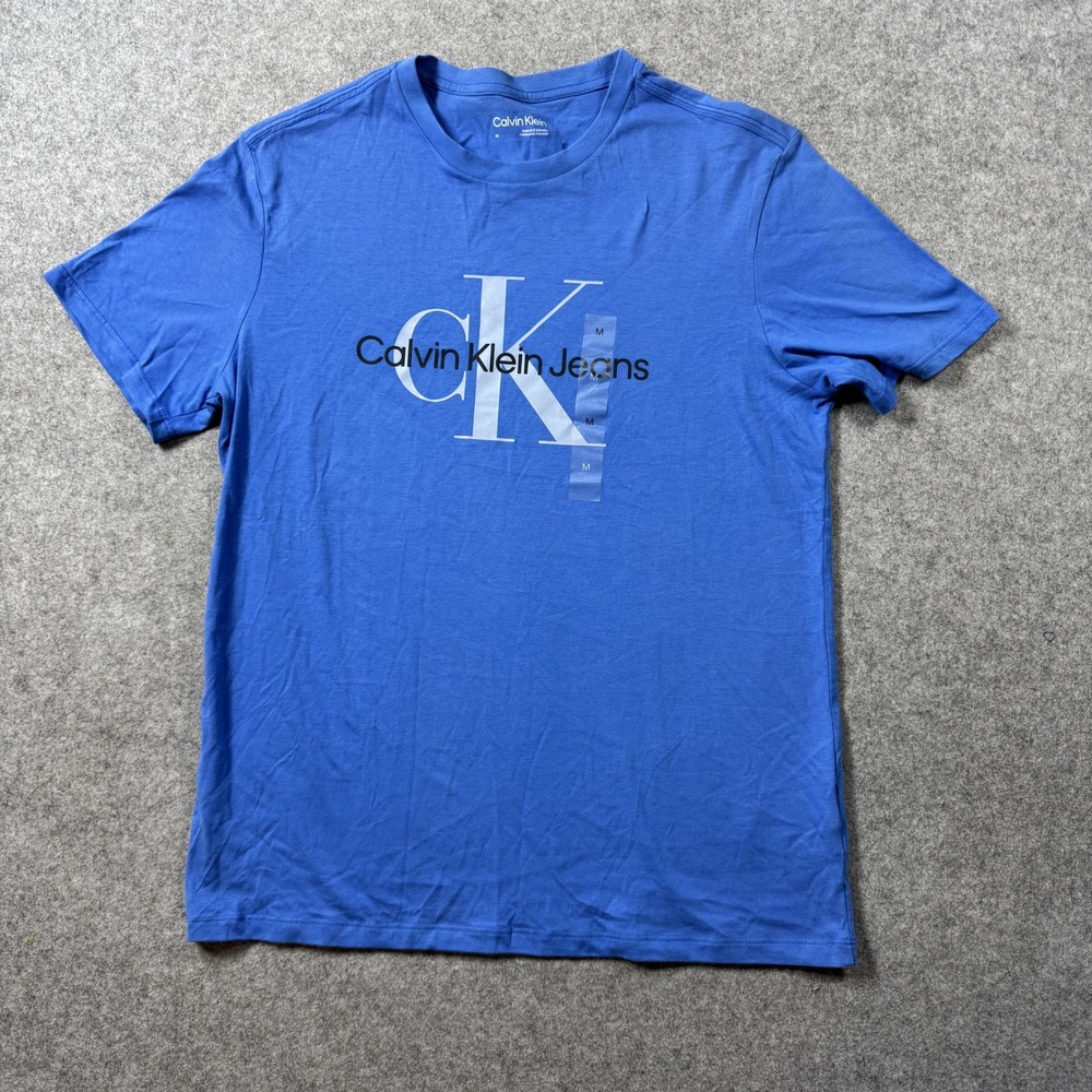 Calvin Klein Mens Monogram Logo Graphic Tee‎ Medium Blue Cotton Short Sleeve